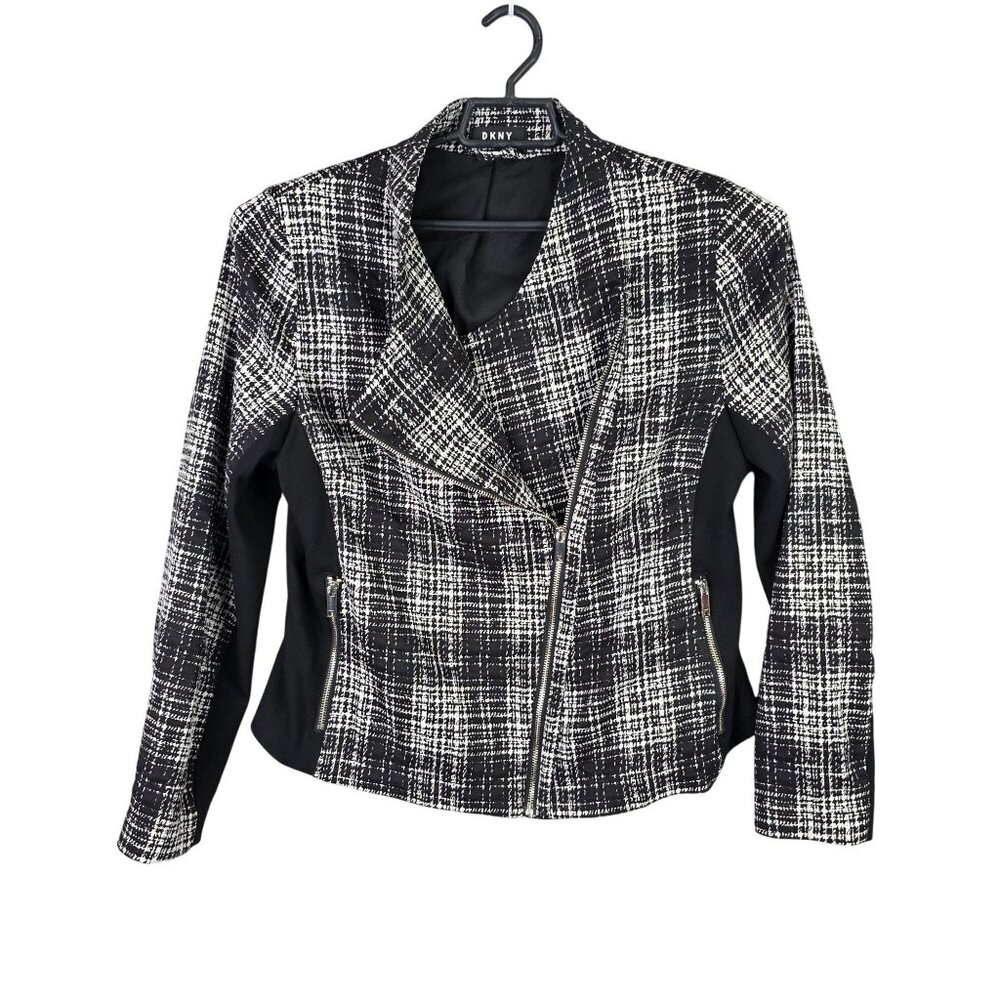 Womens DKNY Black & White Plaid Asymmetrical Zip Jacket Rayon Blend Size XL
